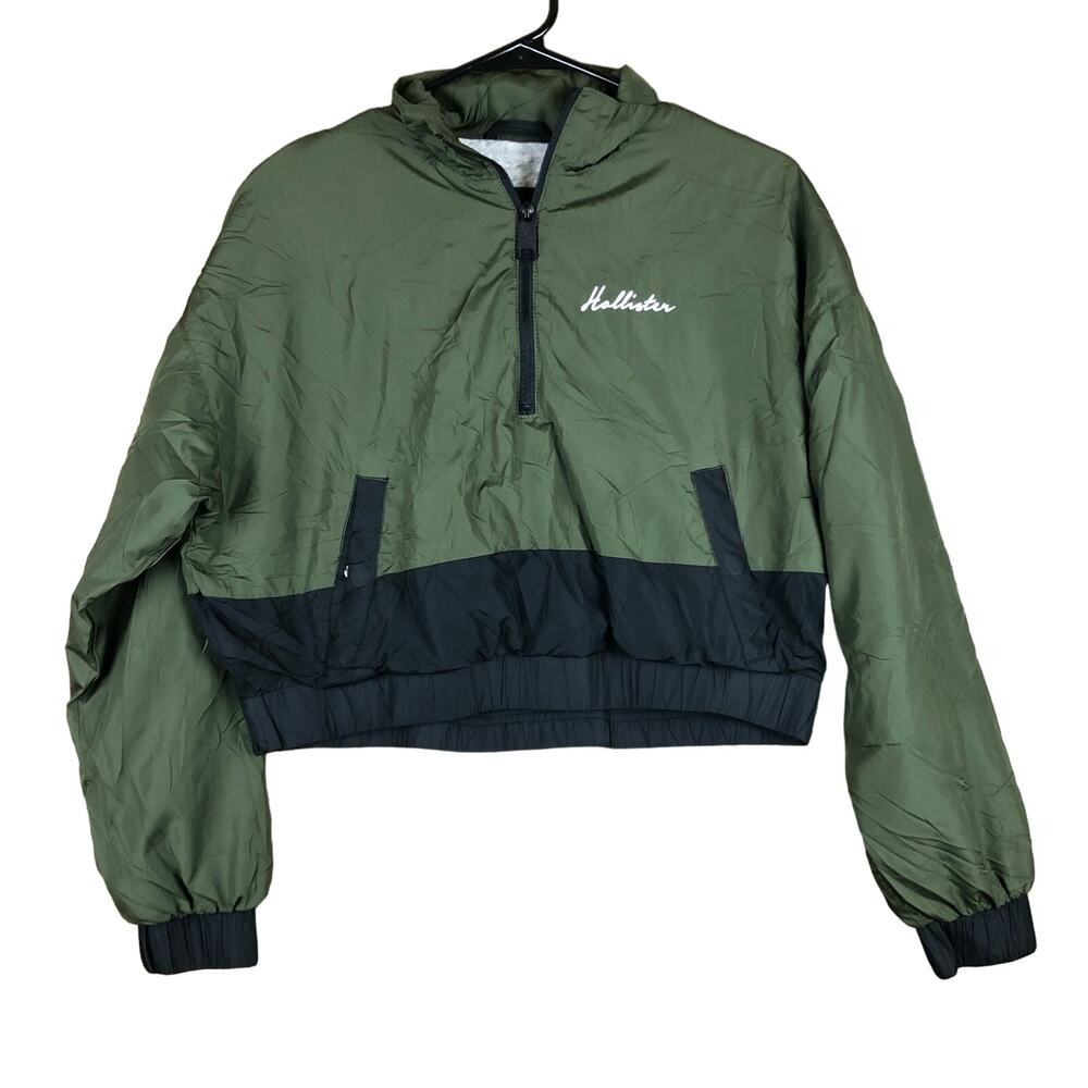 Hollister Womens Jacket Green Black Cropped Collared Bomber Windbreaker Small - Picture 1 of 12